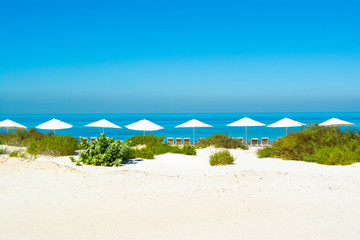 Beautiful landscape of clear turquoise ocean and sandy beach in Saadiyat island