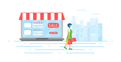 Modern flat design concept of people and an online store business with a small character. The concept of shopping on the Internet. A female character goes shopping from an online store.