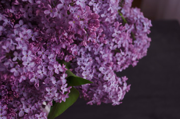 Still life with a bouquet of lilacs and compote of berries. A glass of compote, a jug, a bouquet, a book and glasses on a dark wooden table. Still life near the window.