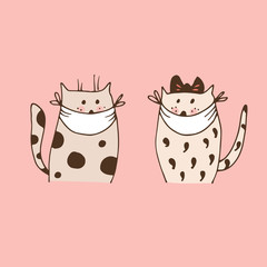 Two cats in face masks vector illustration, isolated on pink background