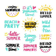 Hello Summer vector lettering set. Fun quote hipster design logo or label. Hand lettering inspirational typography poster, banner collection isolated on white.