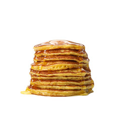 Tasty pancakes with honey isolated on white background