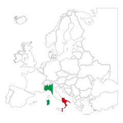 Detailed Italy silhouette with national flag on contour europe map on white