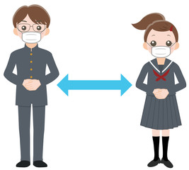 マスクをして距離を取る男子中学生と女子中学生