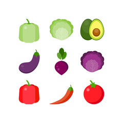 This is the vegetables on a white background. Collection of cabbage, pepper, avocado, tomato, eggplant.