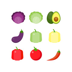 This is the vegetables on a white background. Collection of cabbage, pepper, avocado, tomato, eggplant.