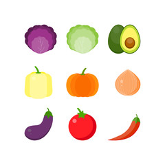 This is the vegetables on a white background. Collection of cabbage, pepper, avocado, onion, tomato, eggplant,  pumpkin.