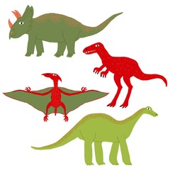 Collection set of dinosaurs isolated on white background. Funny triceratop, tyrannosaur, pterodactyl, titanosaur. Large wild reptile. Fun design. Flat style drawing. Stock vector illustration.