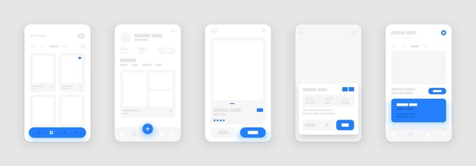 UI Kit elements for mobile app concept. Use for social media, online store, hotel reservation. Wireframes screens. Flowchart.