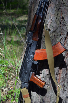 AKMS (Avtomat Kalashnikova) version of Kalashnikov assault rifle in the forest. May 11, 2020 Near Kiev ,Ukraine