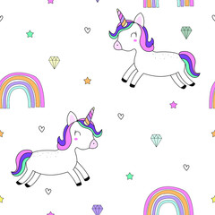 Seamless repeating pattern Unicorn horse floating on a white background with a rainbow and star. Cute design fairy tale cartoon style. Used for publication, fashion, textile, vector illustration.