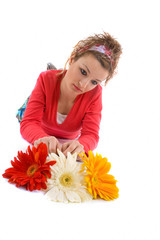 young Girl Holding Flower and white background