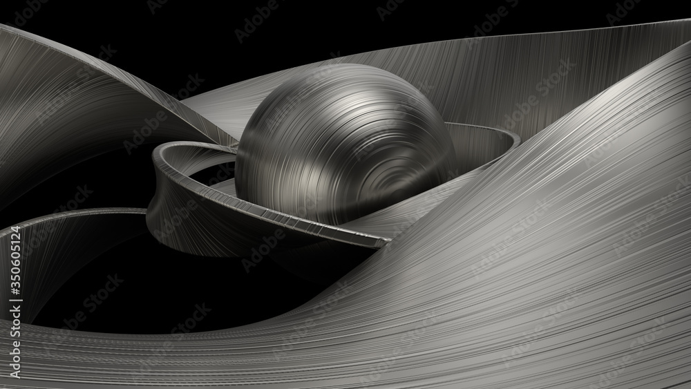 Poster 3d render of metal objects - sphere and twisted shapes. reflective material. decorative chrome sculp