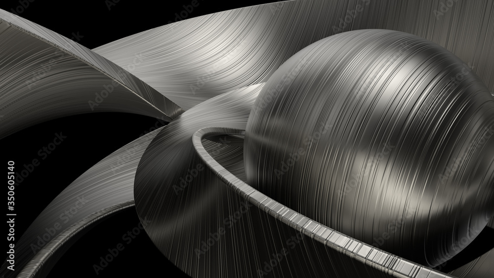 Poster 3d render of metal objects - sphere and twisted shapes. reflective material. decorative chrome sculp