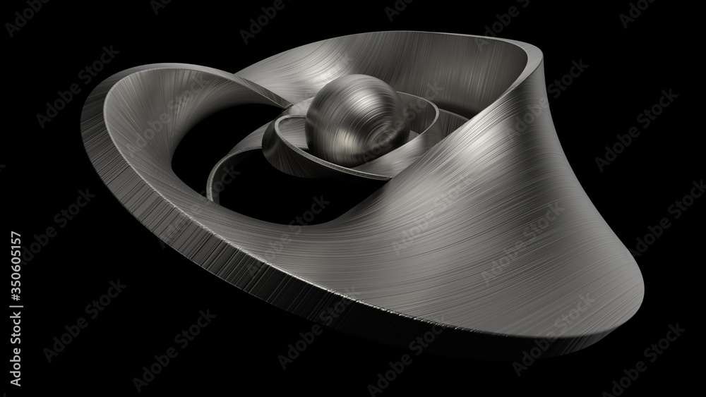 Poster 3d render of metal objects - sphere and twisted shapes. reflective material. decorative chrome sculp