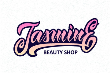 Vector Illustration of Jusmine text for logotype. Flower badge; tag and icon. Natural card / sign board / banner template. Jasmine calligraphy; background; lettering; typography poster. 