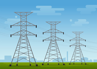 High voltage pole, electric tower on the field with sky and cloud, flat vector landscape background