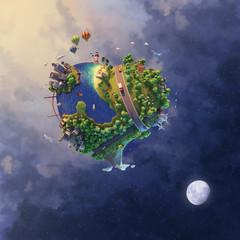 Heart shaped world floating in space illuminated from the sun and moon, 3d illustration - 350606326