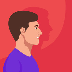 Young handsome guy profile avatar. Smiling man portrait. Vector Illustration on red background.