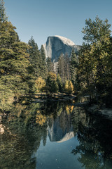 View of the Half Dome and the Merced River from the Sentinel Bridge in Yosemite National Park