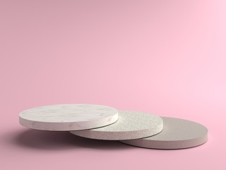 Round marble Pedestal is overlapping, Podium for display product on the pink floor. Pedestal can be used for advertising, Isolated on pink background, Minimalist pink, illustration, 3D rendering.
