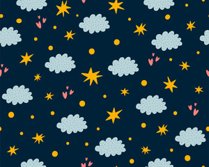 Fototapeta na wymiar Nursery stars pattern. Night sky background. Cute childish stars, clouds seamless background. Baby print. Sleepy wallpaper