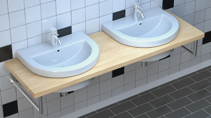 Fototapeta na wymiar 3d render. Two white sinks with wooden table top in room with ceramic tile.