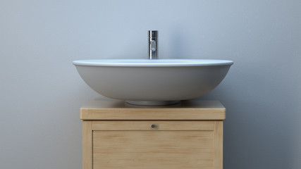 3d render. White sink with wooden pedestal in room with white wall.