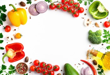 Fresh vegan ingredients for homemade pizza on white wooden background. Variety vegetables, spices and herbs frame. Flat lay, top view, copyspace.