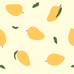 Mango seamless vector pattern. Summer hand drawn background. Trendy tropical pattern for print, textile, wrapping paper and decoration design. Simple vector fruit illustration