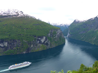 View of the fjords, landscapes and waterfalls in Geirangerfjord, Norway.