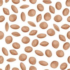 Brown lentils on white background. Seamless pattern with legumes. Vector illustration of healthy food in cartoon flat style.