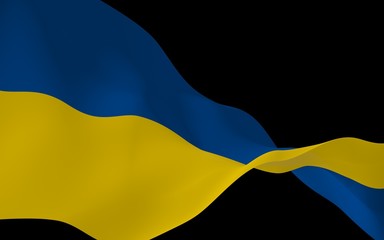 The flag of Ukraine on a dark background. National flag and state ensign. Blue and yellow bicolour. 3D illustration waving flag