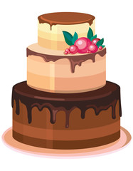 Three-tier holiday cake. Beautiful pastries decorated with cream.