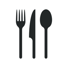 Fork knife and spoon icon logo. Simple flat shape restaurant or cafe place sign. Kitchen and diner menu symbol. Vector illustration image. Black silhouette isolated on white background.