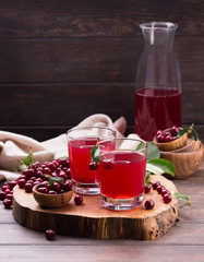 Glass of cherry juice on wooden background