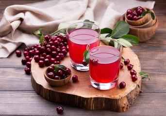 Glass of cherry juice on wooden background