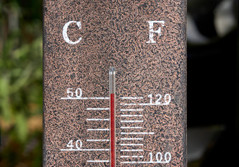 Rustic outdoor weather thermometer measuring/record an extreme heatwave, close up of vintage garden thermometer showing a very high temperature almost 120 Fahrenheit, 50 degrees celsius with copyspace
