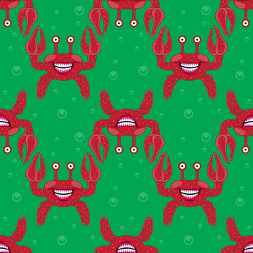 seamless pattern of a cartoon crab character on a green background. Vector image