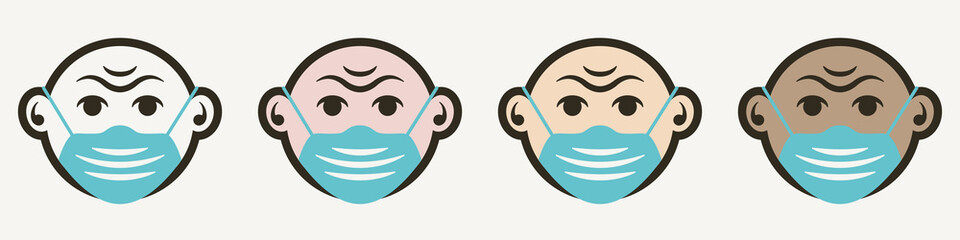 Face mask icon in cartoon style with different skin colors.
