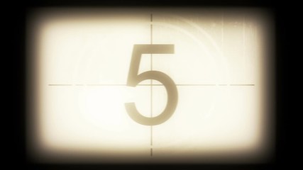 Monochrome universal countdown film leader. Countdown clock from 10 to 0. Effect of old film rolling with details, scratches, lines, dirt, markers and film grain
