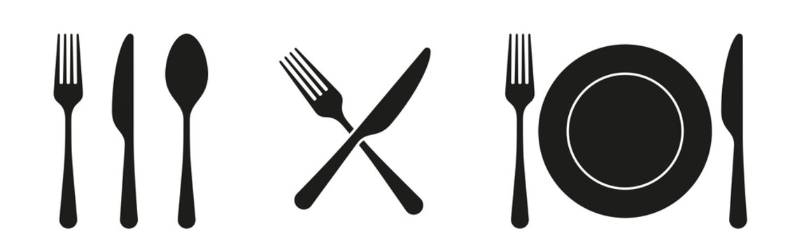 Fork, knife, spoon and plate set icons. Tableware set flat style. Dinnerservice collection. Plate, fork and knife for apps and websites. Dinner service - stock vector