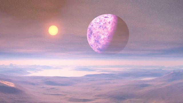 Colorful Sunset on an Alien Planet. Mountains, hills and lowlands are covered in fog. On a dark starry sky huge planet. The bright sun sets, painting the landscape from lilac to yellow.