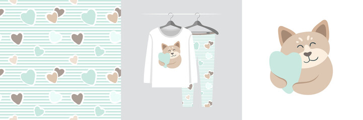 Seamless pattern and illustration set with cat hugs heart