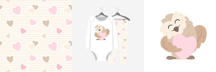 Seamless pattern and illustration set with owl hugs heart.