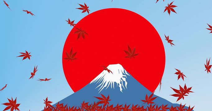 富士山に降り積もる紅葉のモミジ、３Dレンダリング