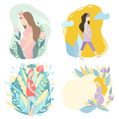 Set of a pregnant women on a floral background, isolated vector illustration on a flat style