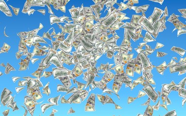 Flying dollars banknotes isolated on a blue background. Money is flying in the air. 100 US banknotes new sample. 3D illustration
