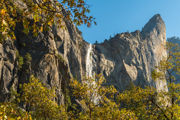 View of Bridalveil Waterfall from Southside Drive in Yosemite National Park, California, USA