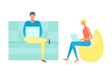 Man and woman sitting on seat with laptop, workers using wireless gadget, portrait and side view of people. Education and job with computer vector